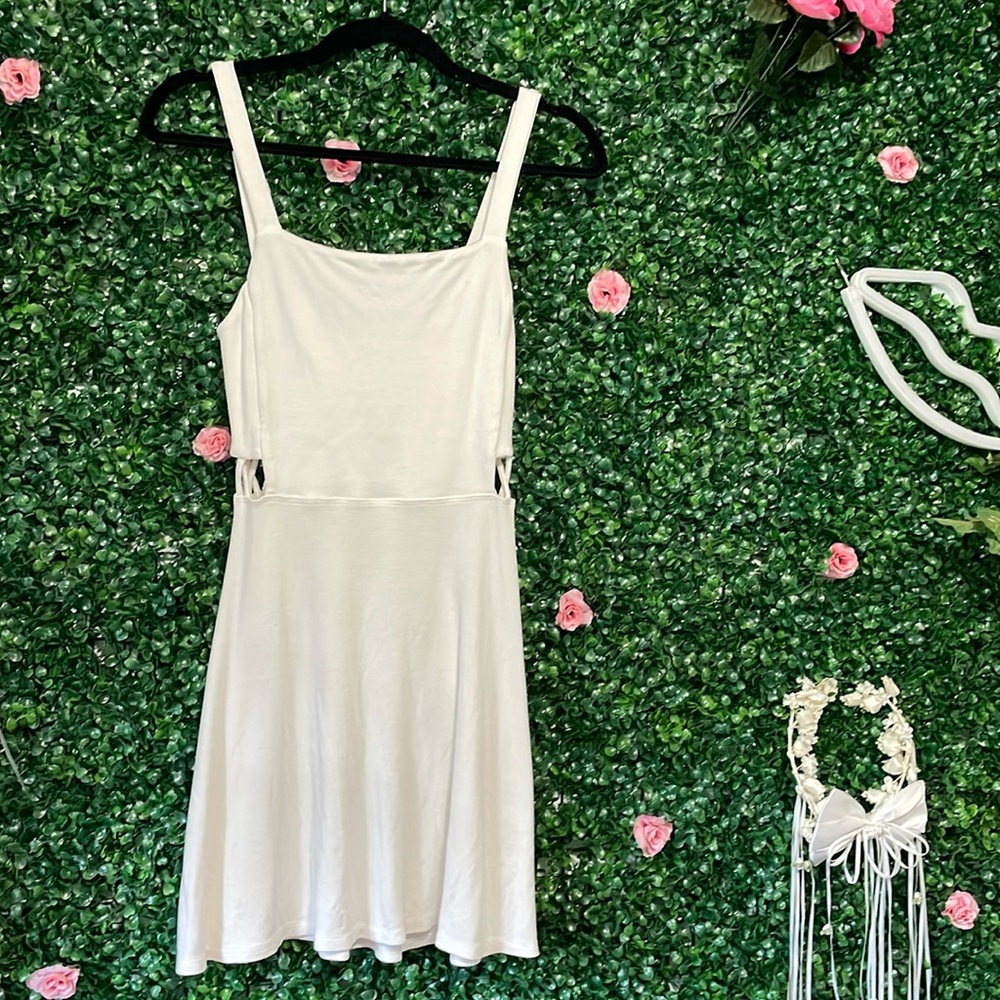 White Flowy Picnic Dress with Designed Peekaboo Waist Details - Soft and opaque